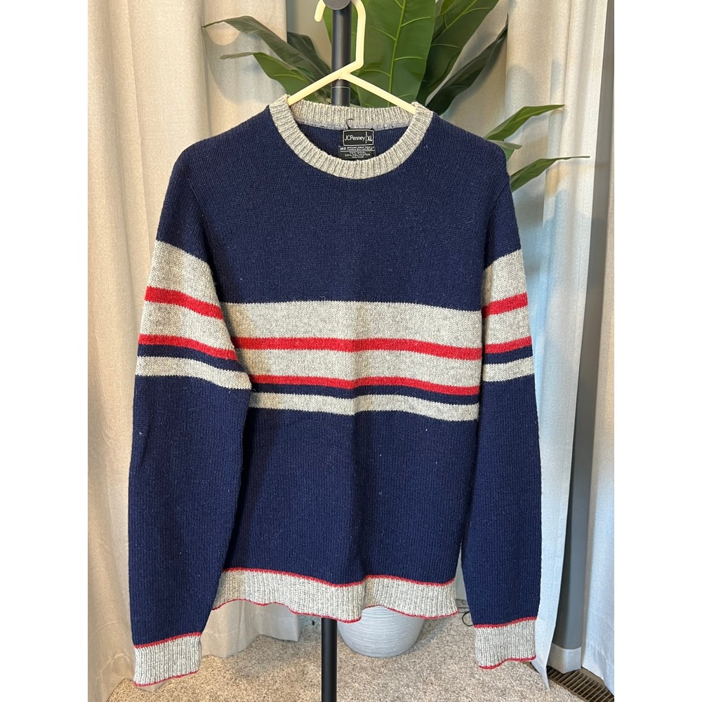 Vintage JCPenney Mens XL Wool Blend Striped Crewneck Sweater Navy Blue Red Grey